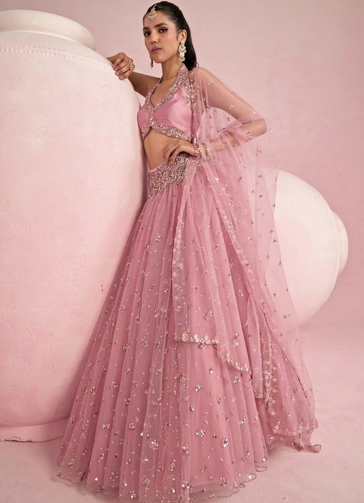 Pastel Pink Sequined Lehenga Set With Halter Blouse Prevasu - Fabilicious Fashion