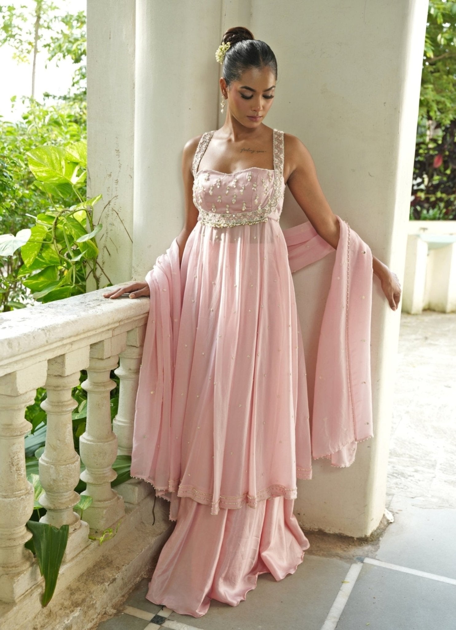Baby pink long kurta Anarkali sharara set for wedding guest