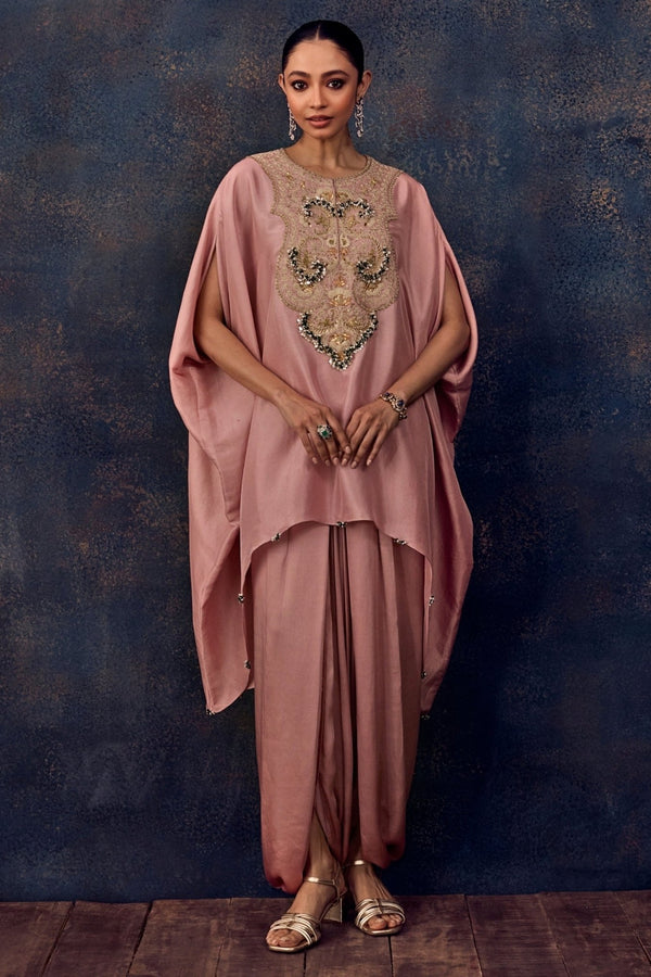 Pastel pink silk high-low kaftan with dhoti pants by Prisho