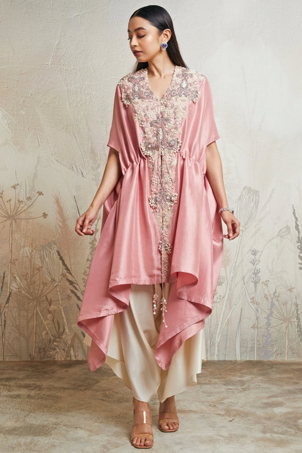 Pastel pink silk kaftan pants set for sangeet by Prisho
