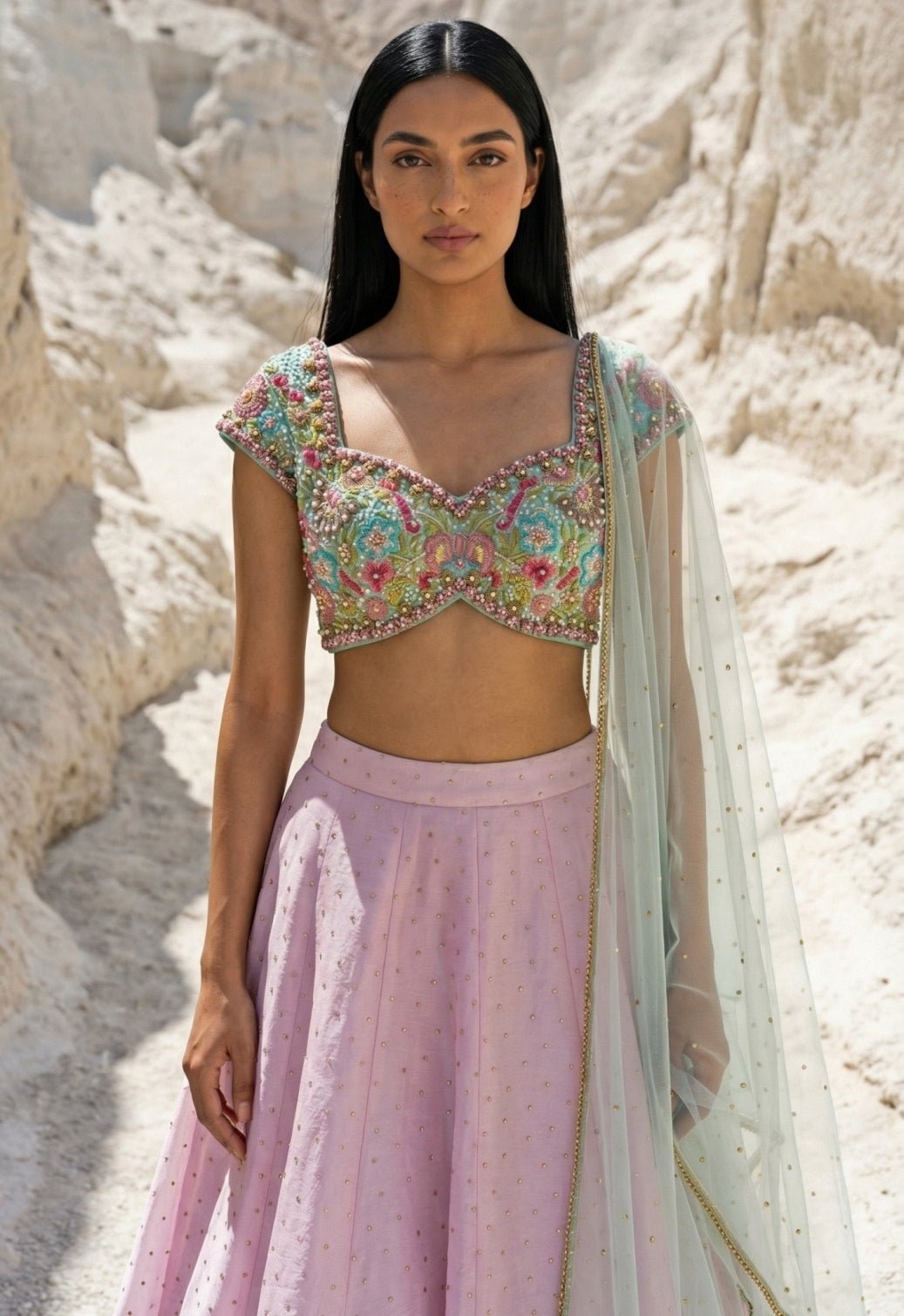 Pastel Pink Silk Lehenga With Blue Blouse Anisha Shetty - Fabilicious Fashion