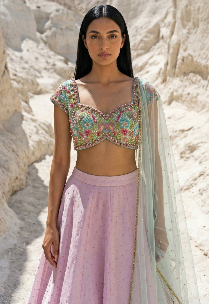 Pastel Pink Silk Lehenga With Blue Blouse Anisha Shetty - Fabilicious Fashion