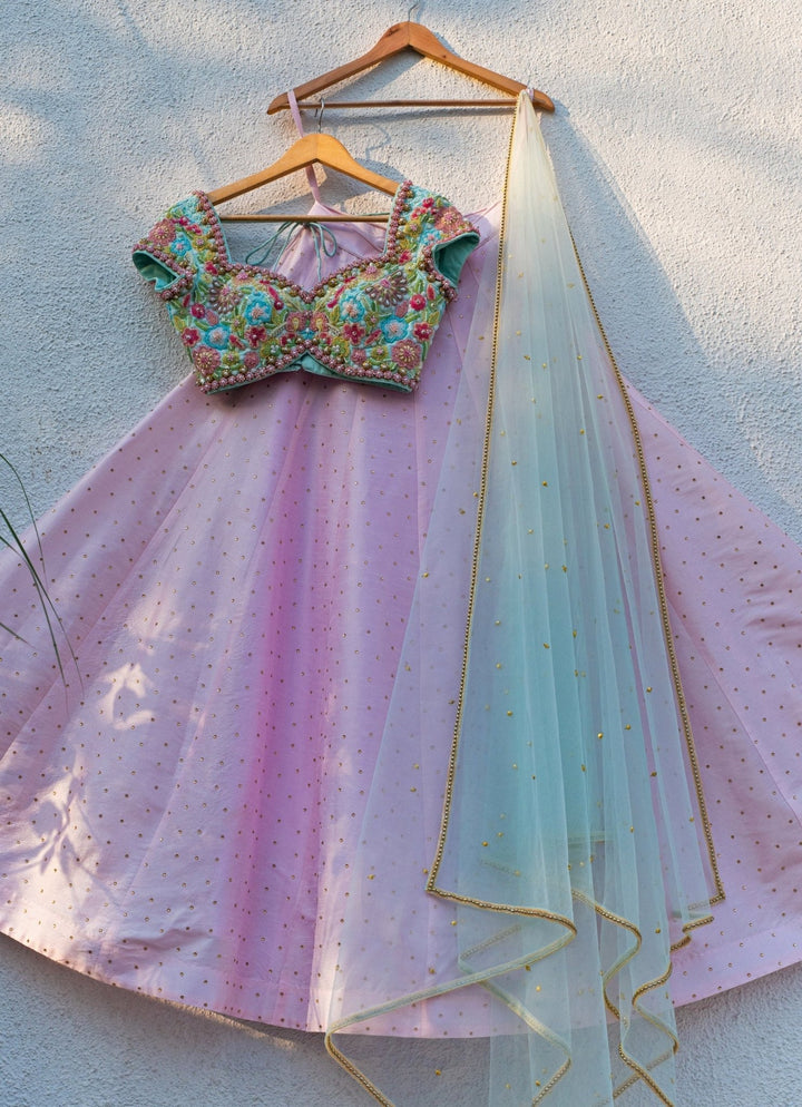 Pastel Pink Silk Lehenga With Blue Blouse Anisha Shetty - Fabilicious Fashion