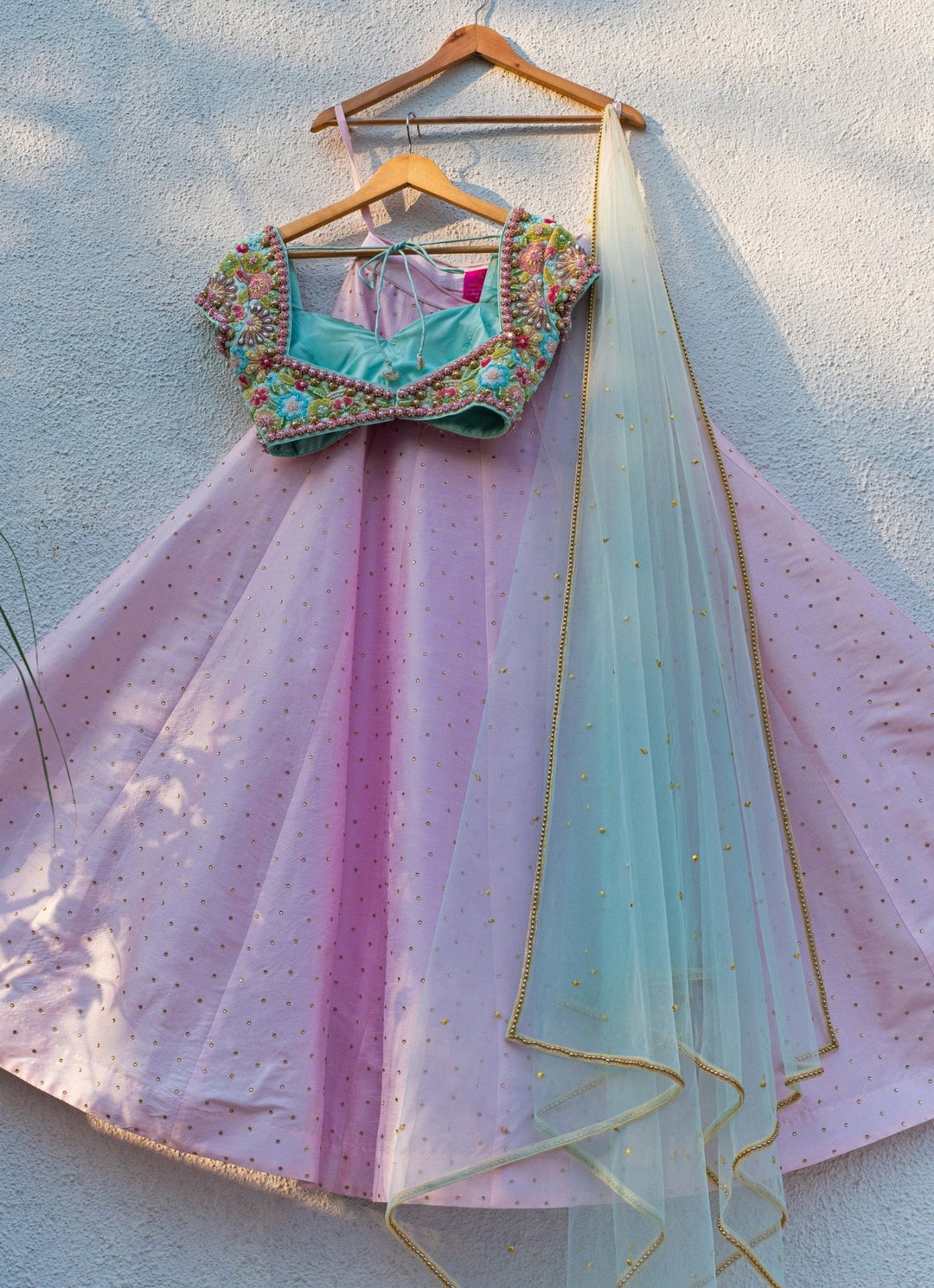 Pastel Pink Silk Lehenga With Blue Blouse Anisha Shetty - Fabilicious Fashion