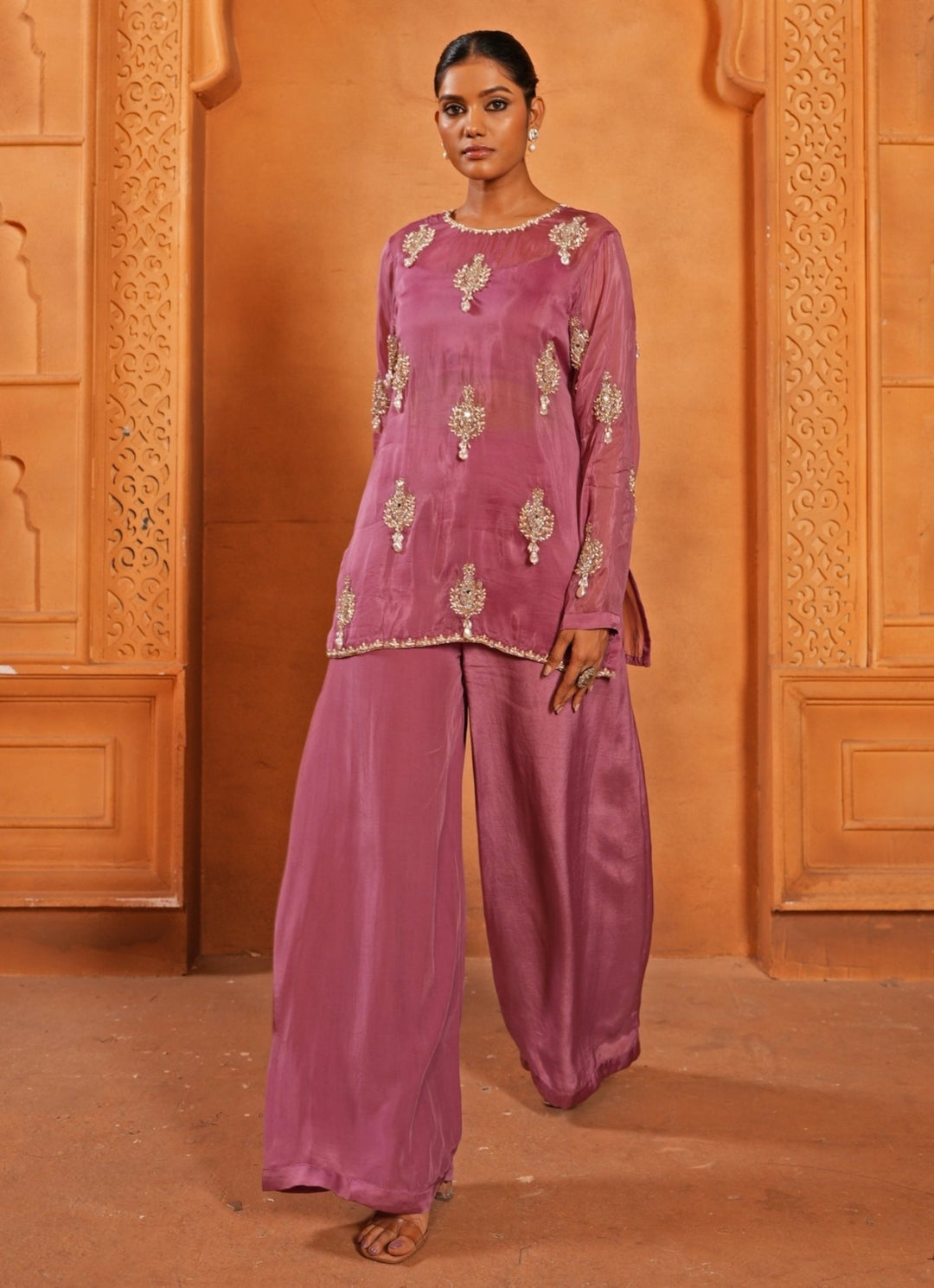 Pastel Pink Silk Organza Kurta Pants Set Enamour by Radha - Fabilicious Fashion