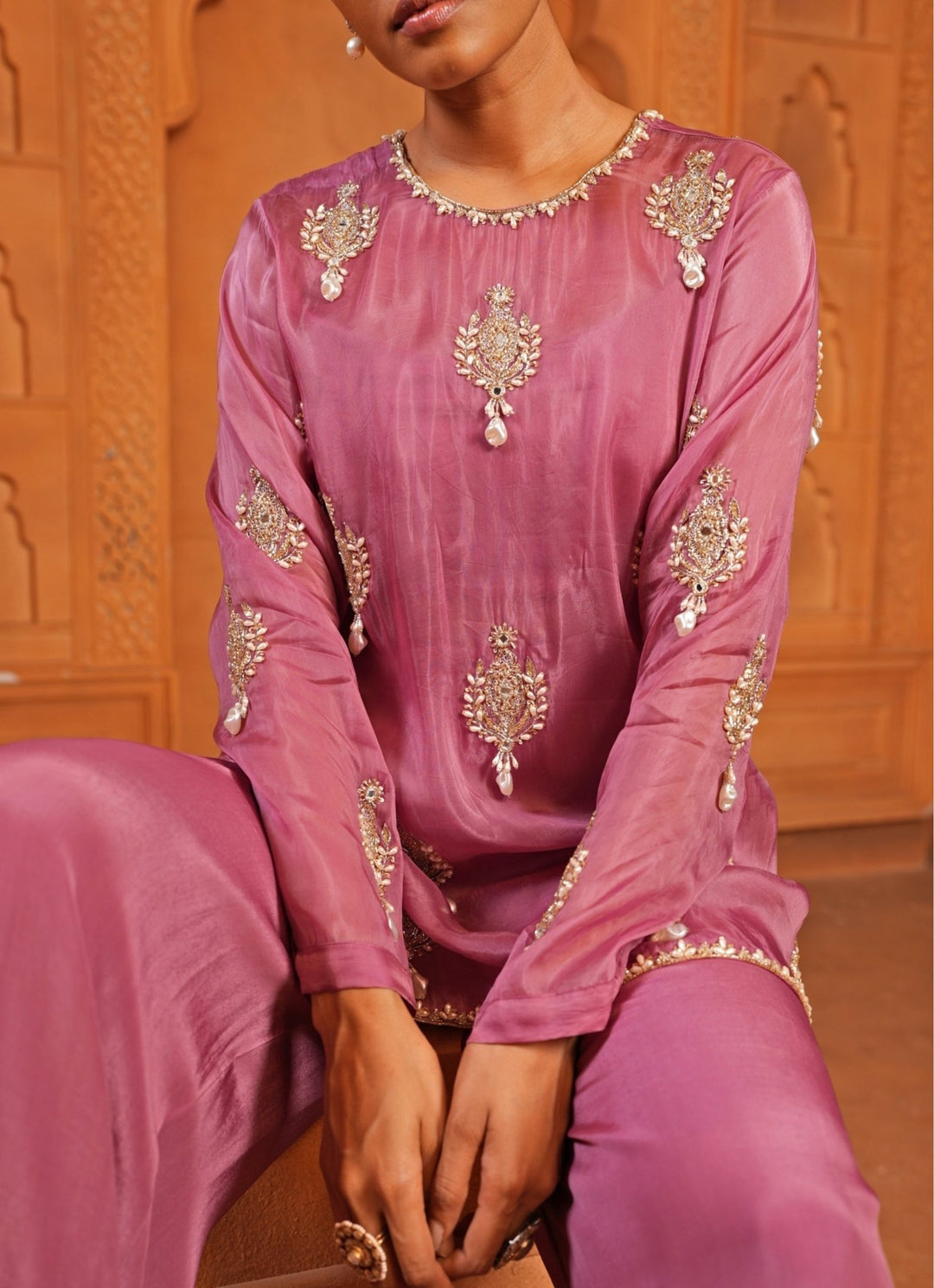 Pastel Pink Silk Organza Kurta Pants Set Enamour by Radha - Fabilicious Fashion