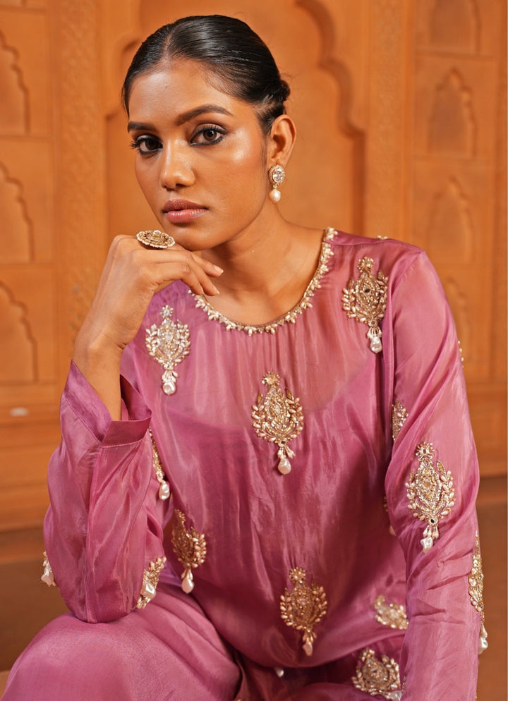 Pastel Pink Silk Organza Kurta Pants Set Enamour by Radha - Fabilicious Fashion