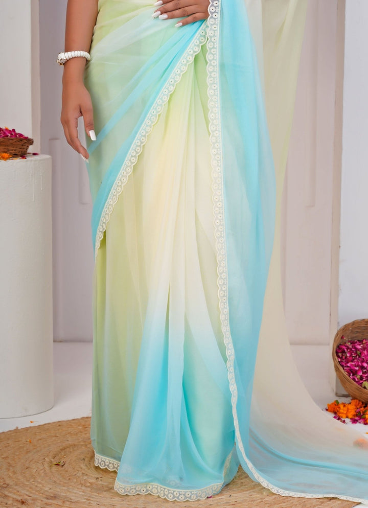 Geroo Jaipur Pastel Yellow And Blue Shaded Chiffon SareeFabilicious Fashion