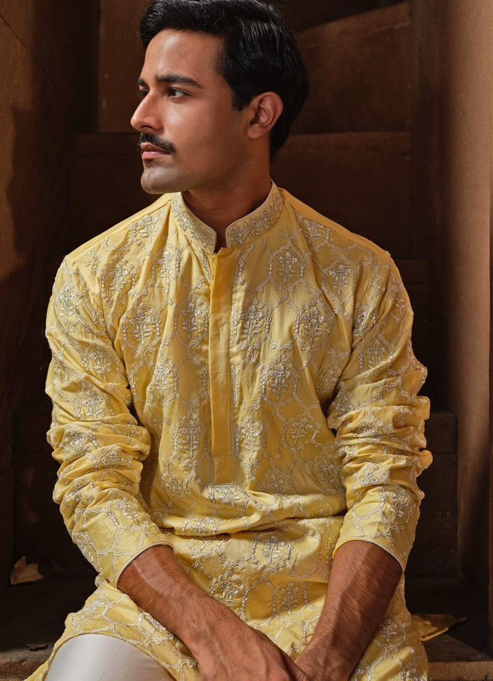 Darzi House Pastel Yellow Chanderi Silk Kurta Pants SetFabilicious Fashion