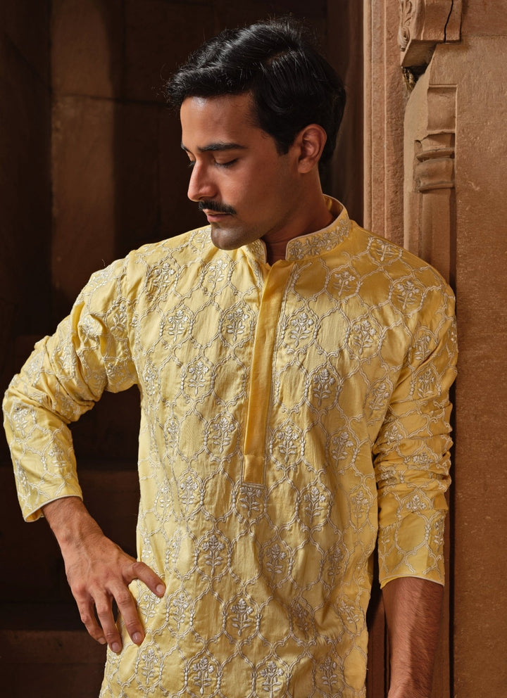 Darzi House Pastel Yellow Chanderi Silk Kurta Pants SetFabilicious Fashion