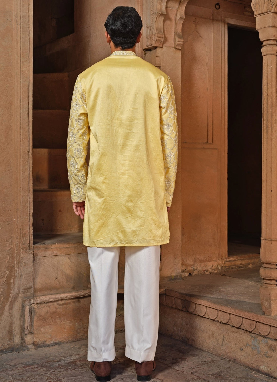 Darzi House Pastel Yellow Chanderi Silk Kurta Pants SetFabilicious Fashion
