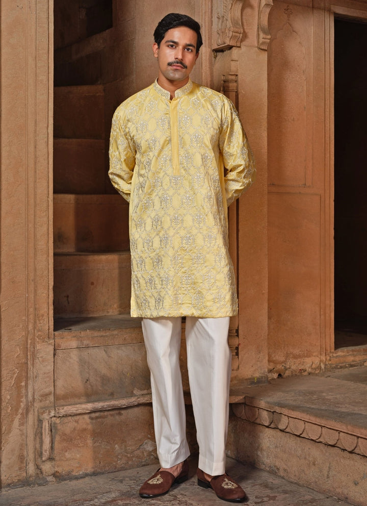 Darzi House Pastel Yellow Chanderi Silk Kurta Pants SetFabilicious Fashion