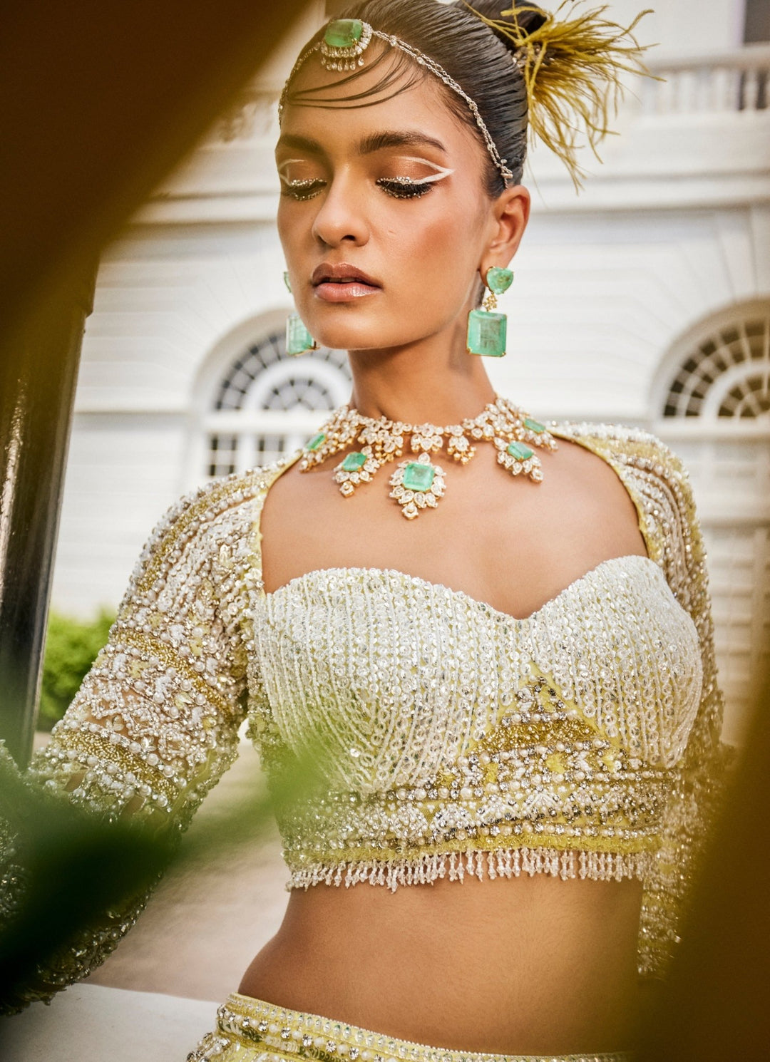 Pastel Yellow Crystal Embroidered Mermaid Lehenga Set Mani Bhatia - Fabilicious Fashion