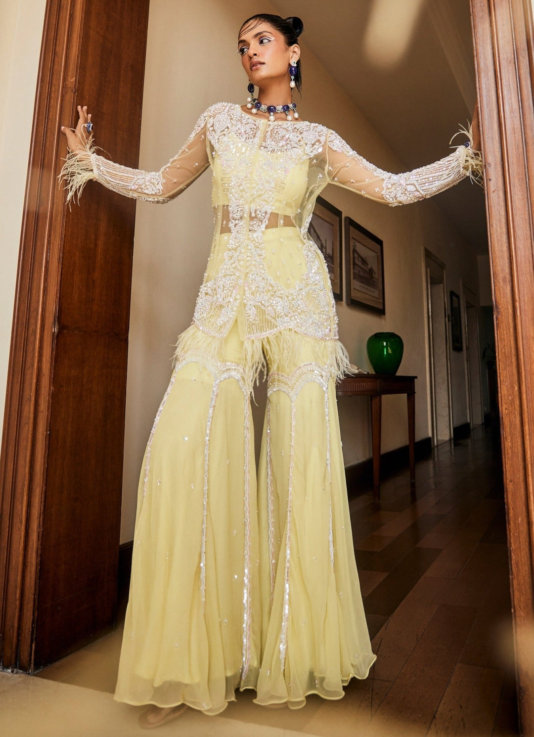 Pastel Yellow Embroidered Bustier Gharara Set With Jacket Mani Bhatia - Fabilicious Fashion