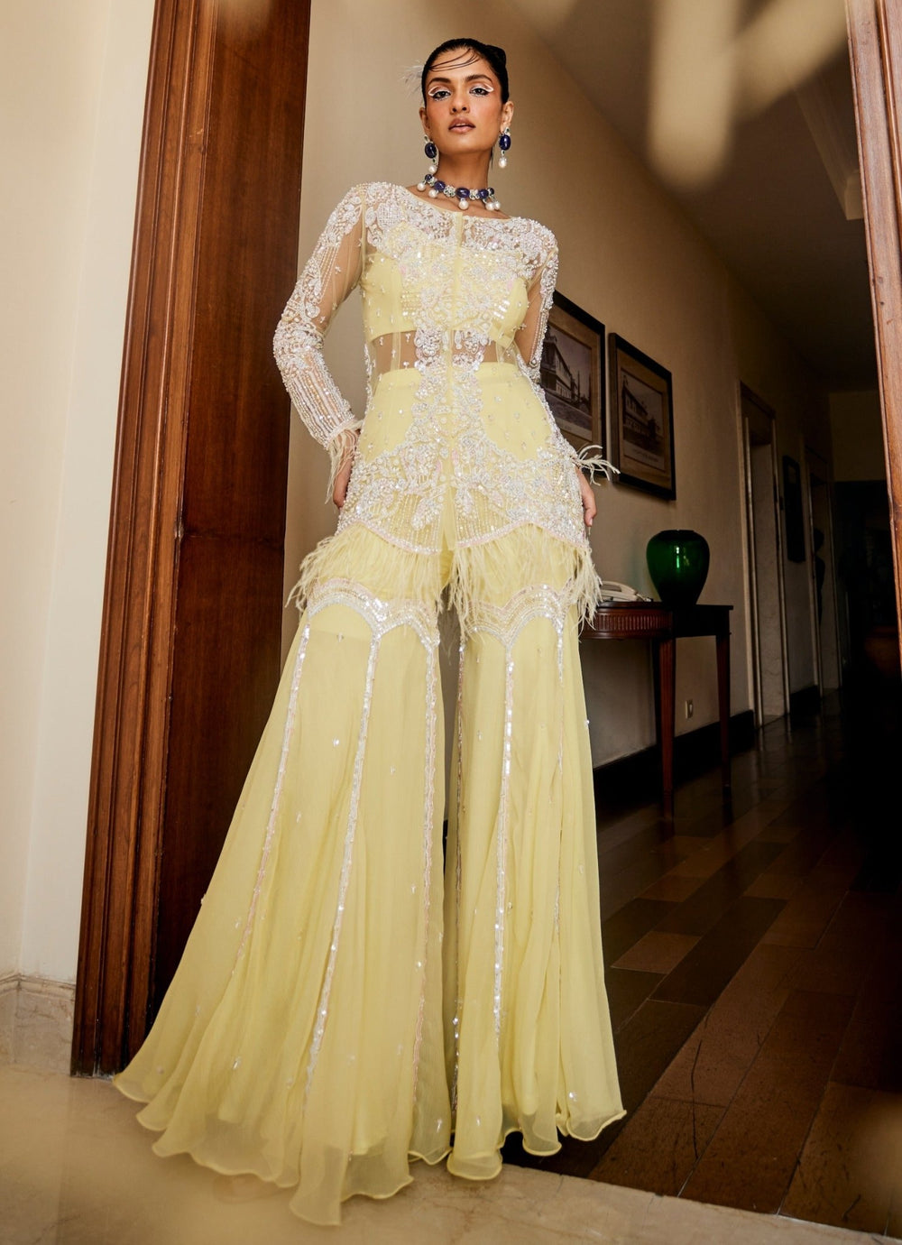 Pastel Yellow Embroidered Bustier Gharara Set With Jacket Mani Bhatia - Fabilicious Fashion
