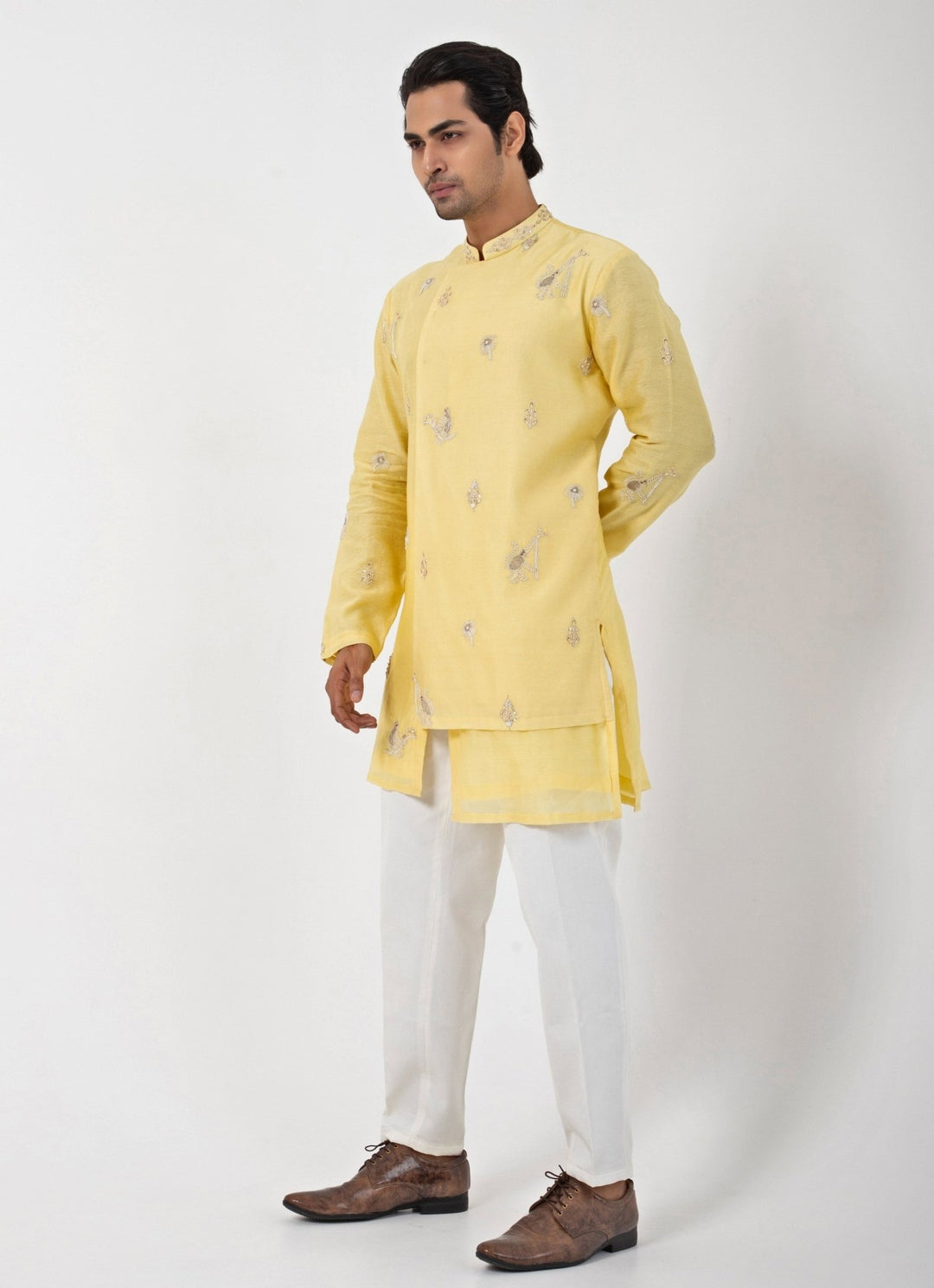 Pastel Yellow Embroidered Chanderi Kurta Pant Set Smriti - Fabilicious Fashion