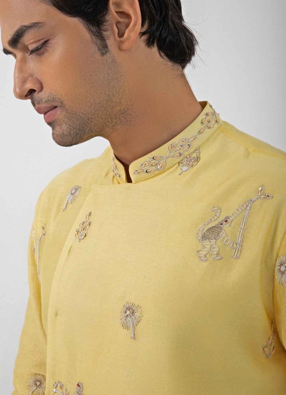 Pastel Yellow Embroidered Chanderi Kurta Pant Set Smriti - Fabilicious Fashion