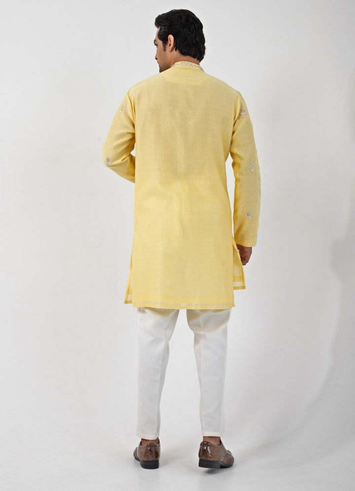 Pastel Yellow Embroidered Chanderi Kurta Pant Set Smriti - Fabilicious Fashion