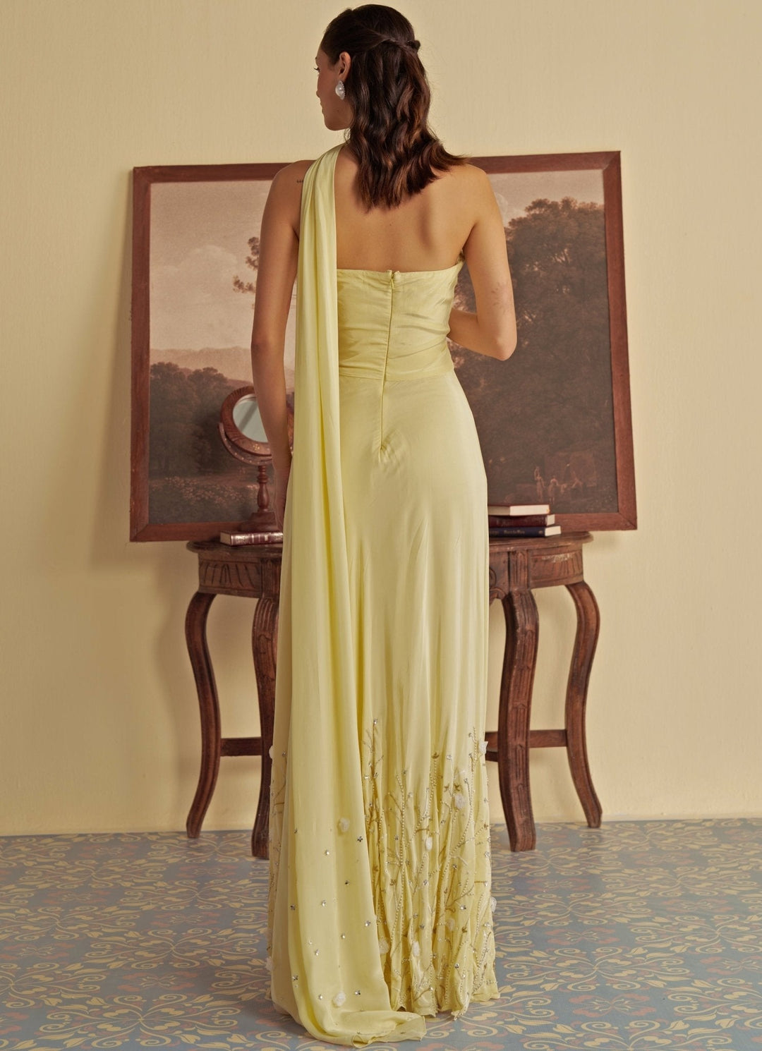 Pastel Yellow Embroidered Gown Jade by Ashima - Fabilicious Fashion