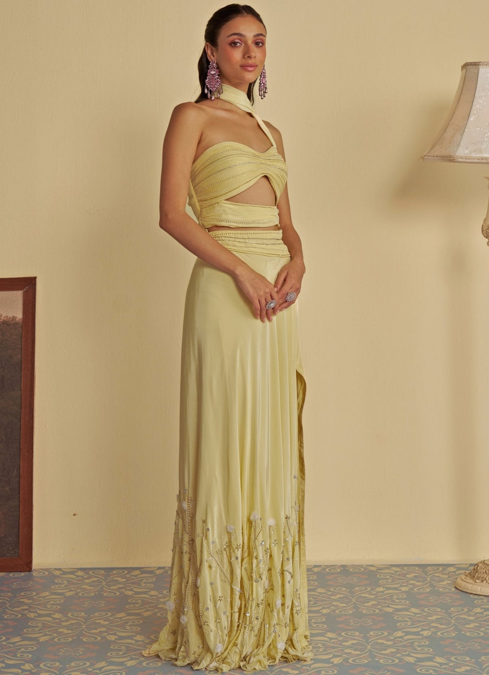 Pastel Yellow Embroidered Gown Jade by Ashima - Fabilicious Fashion