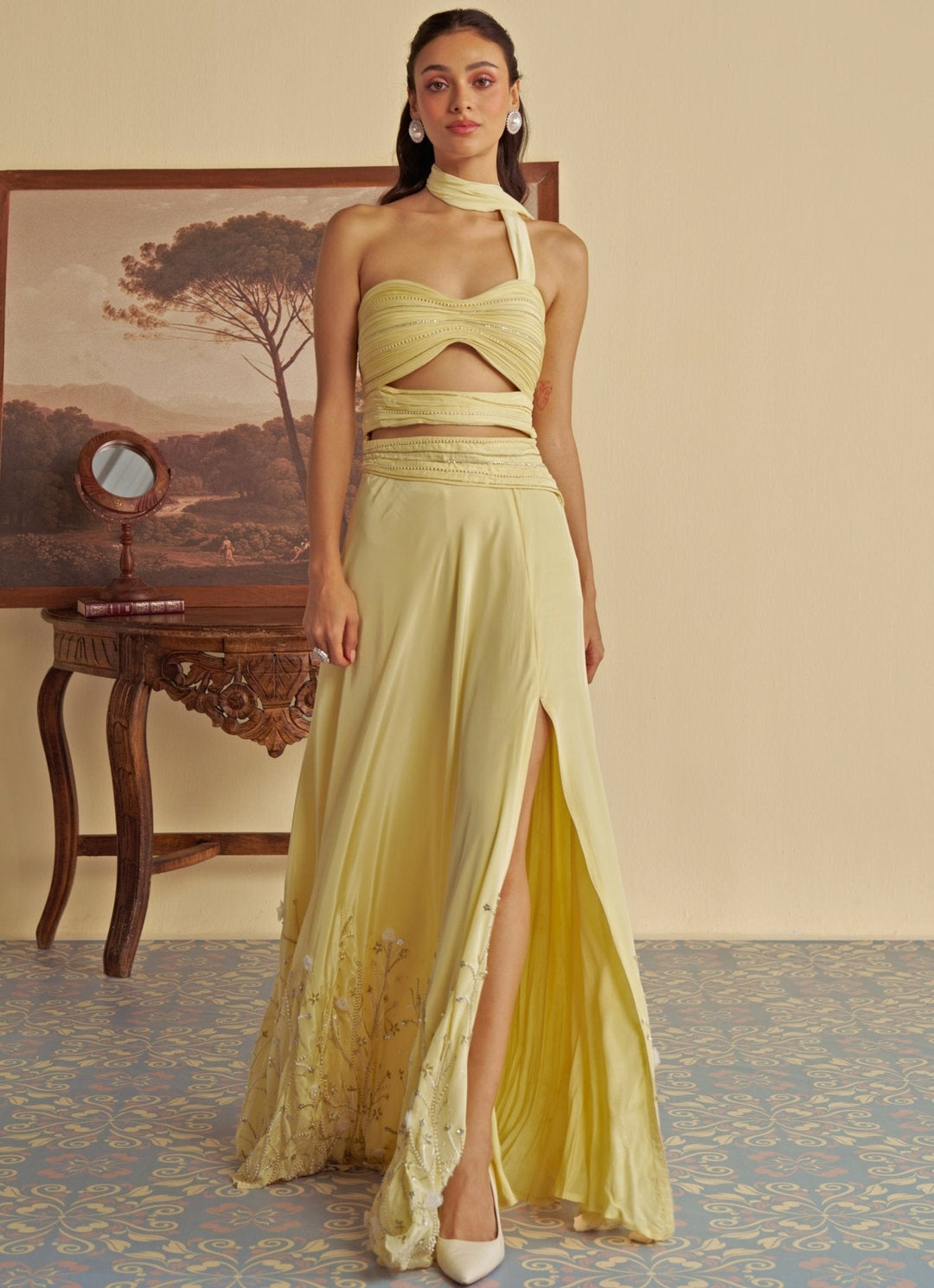 Pastel Yellow Embroidered Gown Jade by Ashima - Fabilicious Fashion