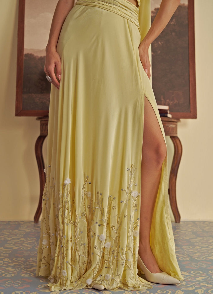 Pastel Yellow Embroidered Gown Jade by Ashima - Fabilicious Fashion