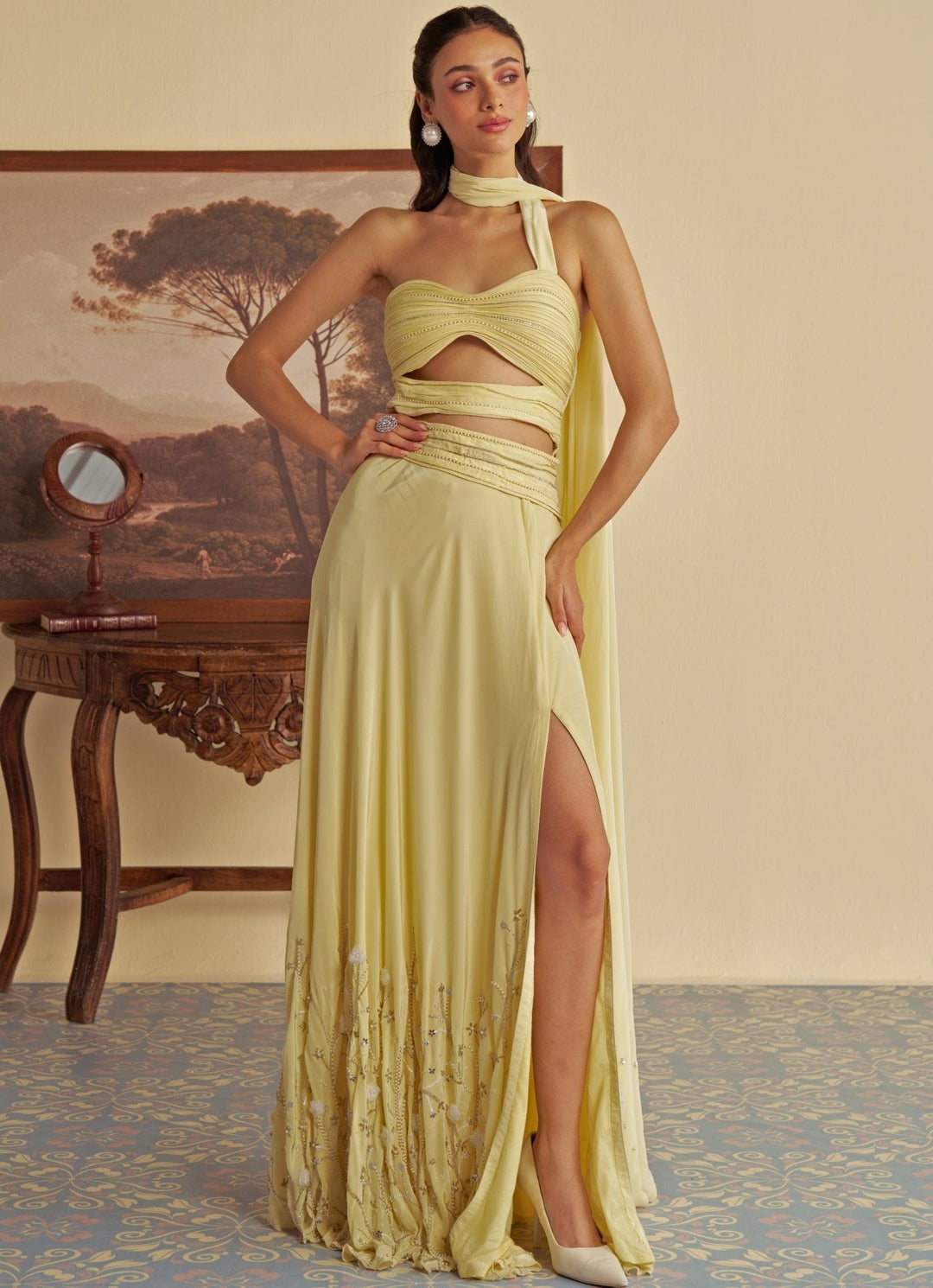 Pastel Yellow Embroidered Gown Jade by Ashima - Fabilicious Fashion