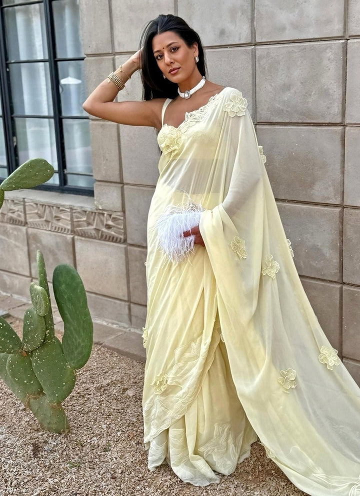 The Little Black Bow Pastel Yellow Georgette Concept SareeFabilicious Fashion