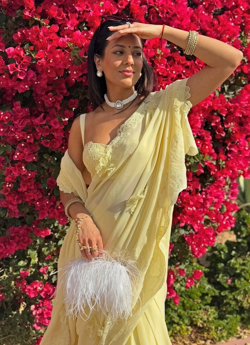 The Little Black Bow Pastel Yellow Georgette Concept SareeFabilicious Fashion