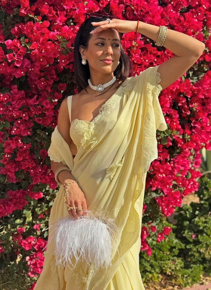 The Little Black Bow Pastel Yellow Georgette Concept SareeFabilicious Fashion