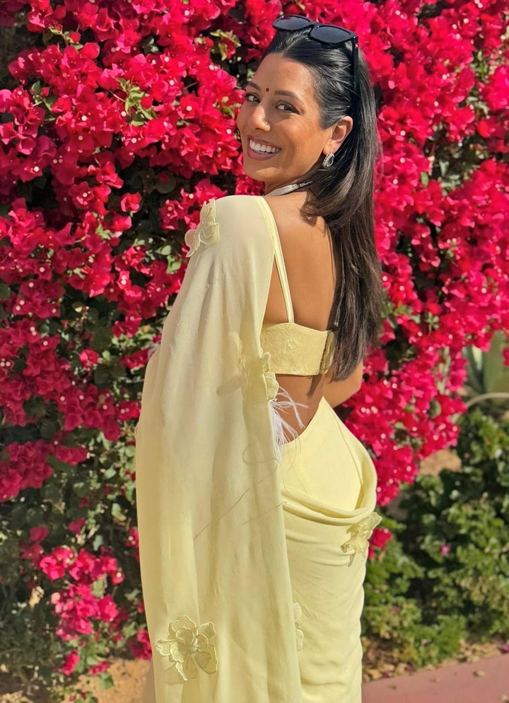 The Little Black Bow Pastel Yellow Georgette Concept SareeFabilicious Fashion