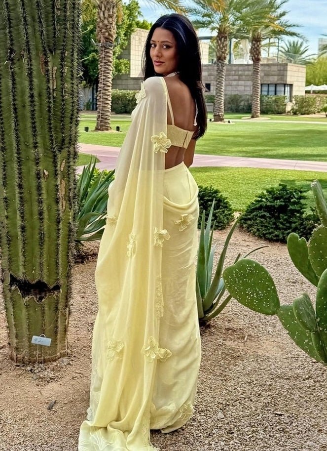 The Little Black Bow Pastel Yellow Georgette Concept SareeFabilicious Fashion