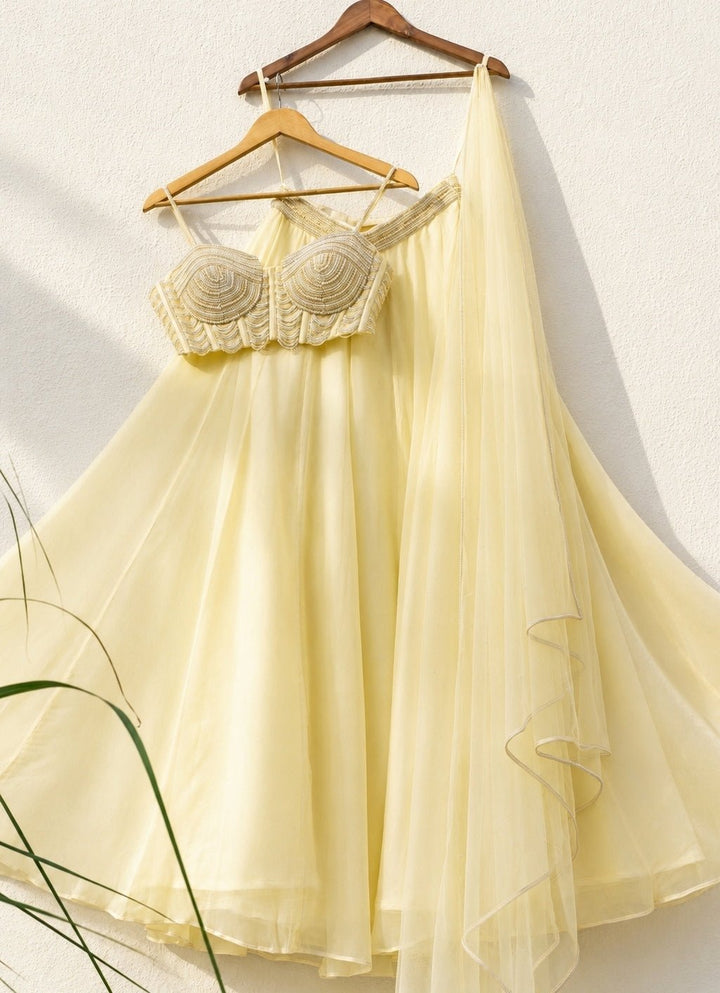 Pastel Yellow Georgette Sharara With Pearl Blouse Anisha Shetty - Fabilicious Fashion