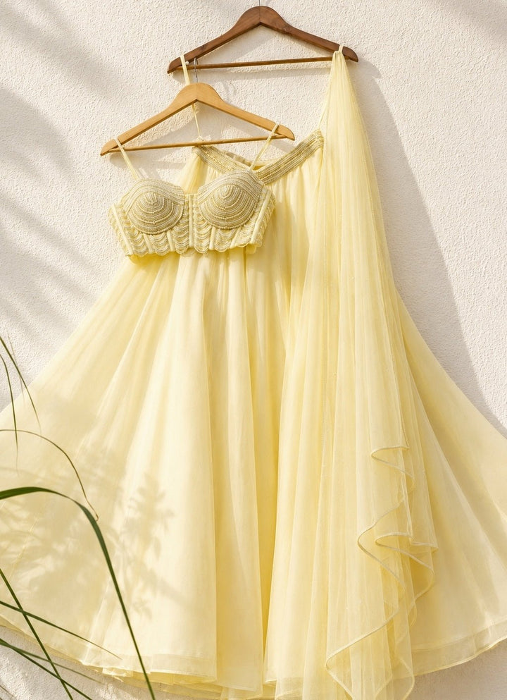 Pastel Yellow Georgette Sharara With Pearl Blouse Anisha Shetty - Fabilicious Fashion