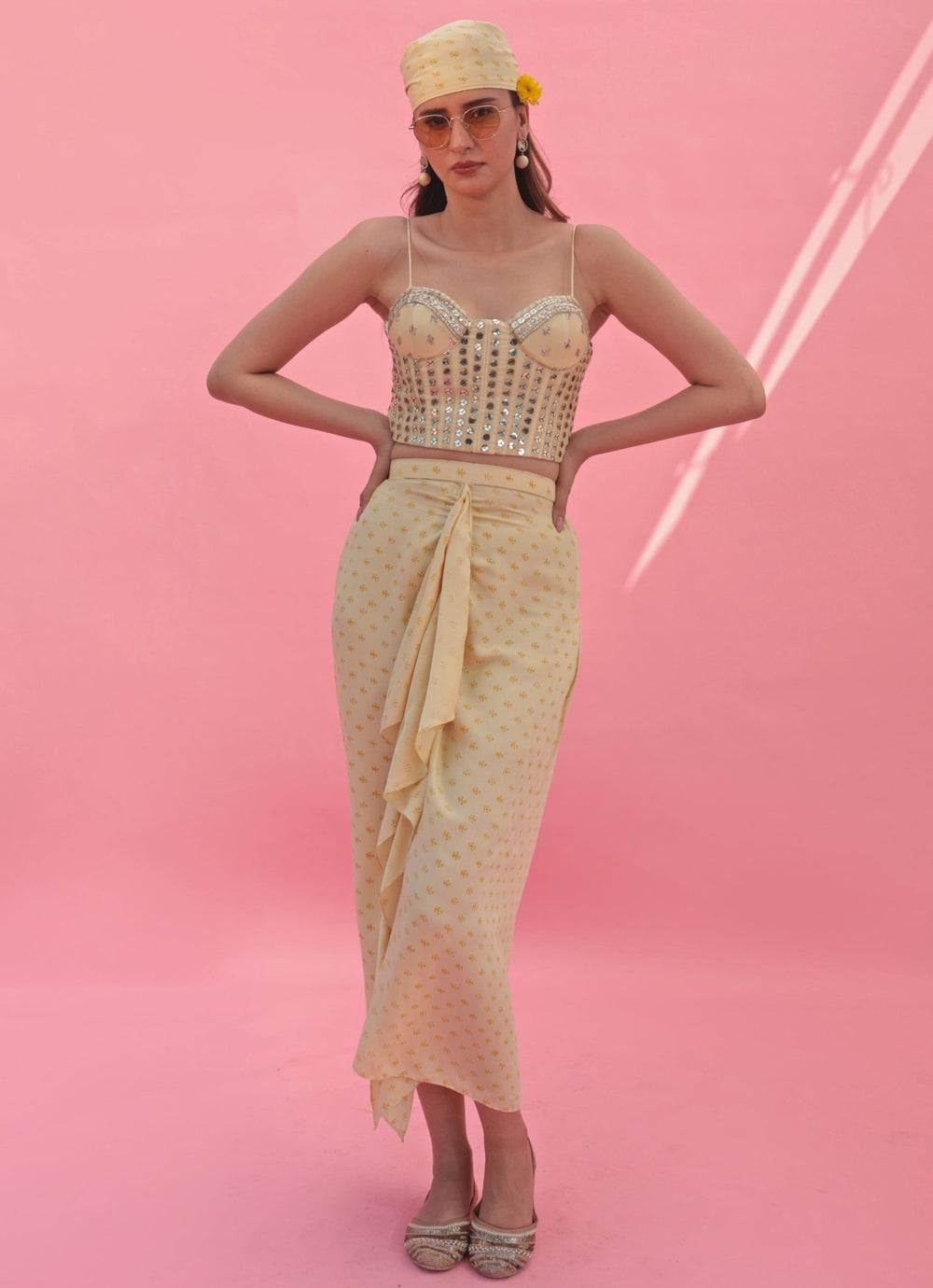 Pastel Yellow Hand Embroidered Corset Skirt Set With Cape Prahnaaya - Fabilicious Fashion