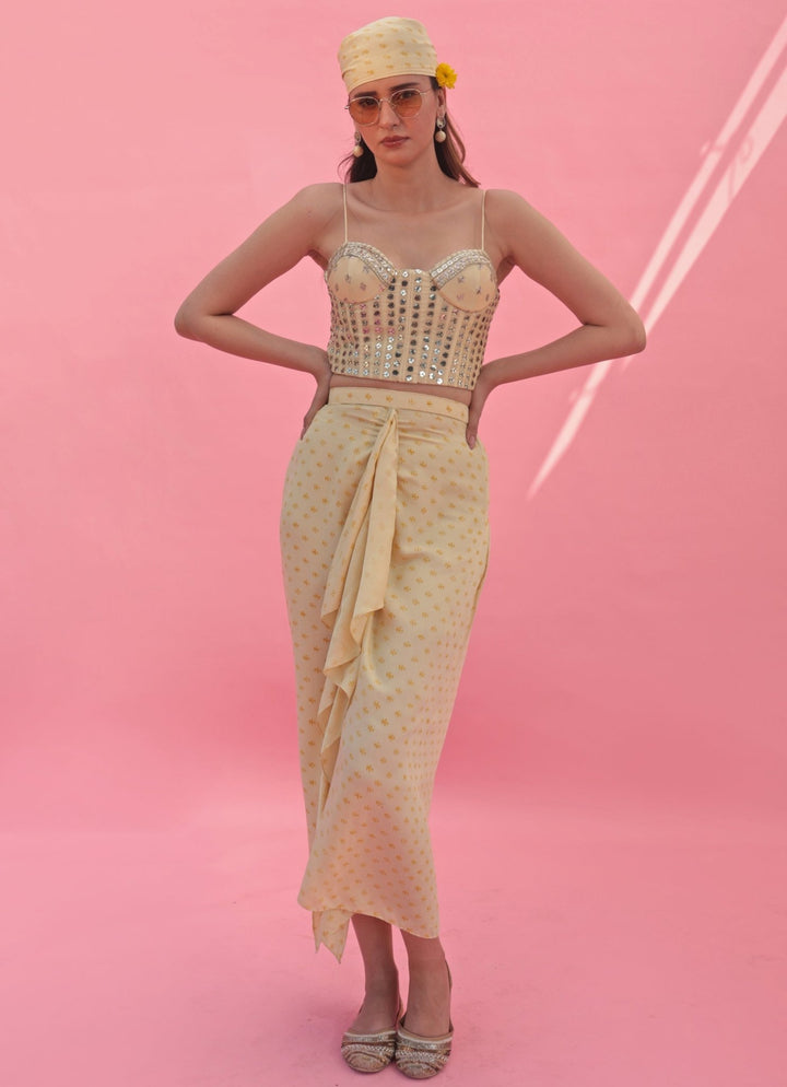 Pastel Yellow Hand Embroidered Corset Skirt Set With Cape Prahnaaya - Fabilicious Fashion