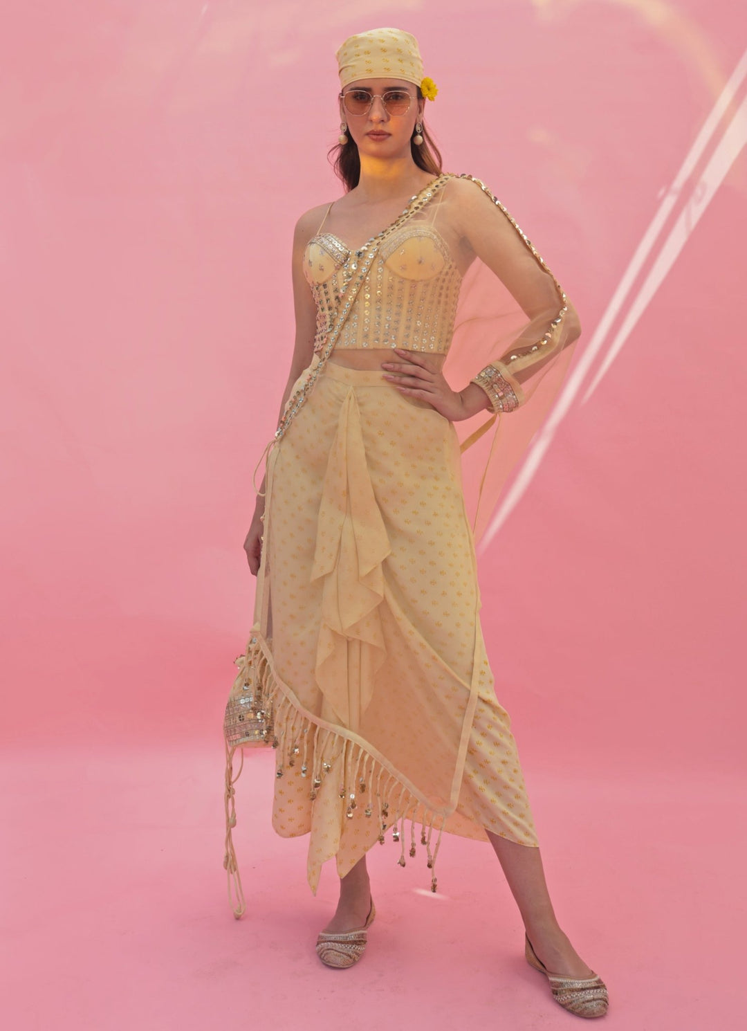 Pastel Yellow Hand Embroidered Corset Skirt Set With Cape Prahnaaya - Fabilicious Fashion