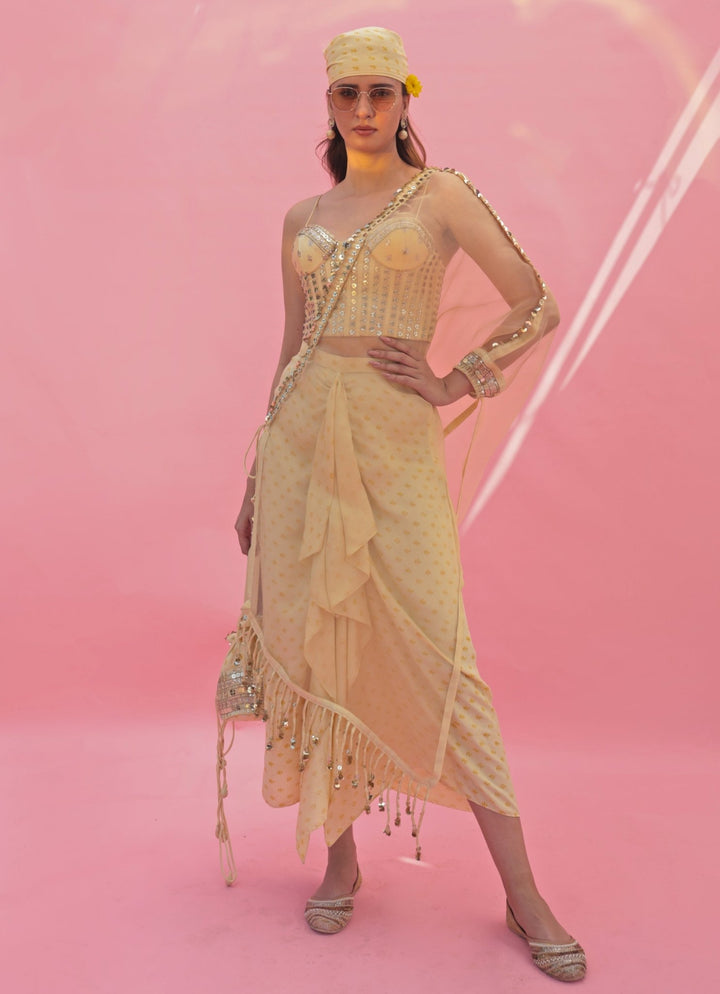 Pastel Yellow Hand Embroidered Corset Skirt Set With Cape Prahnaaya - Fabilicious Fashion