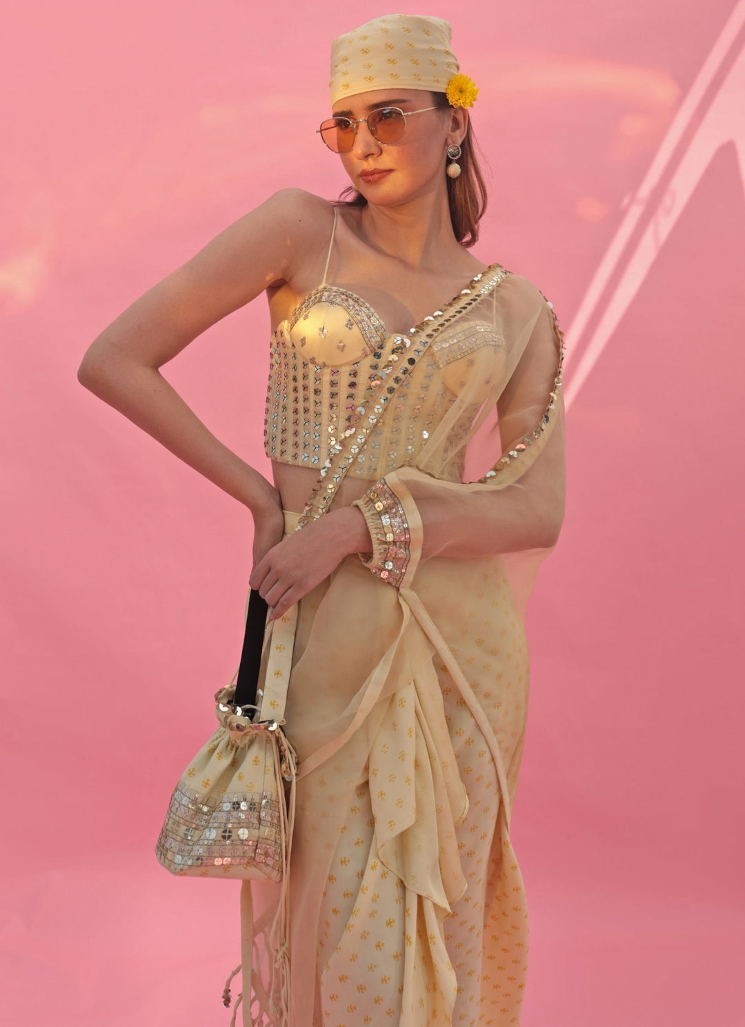 Pastel Yellow Hand Embroidered Corset Skirt Set With Cape Prahnaaya - Fabilicious Fashion