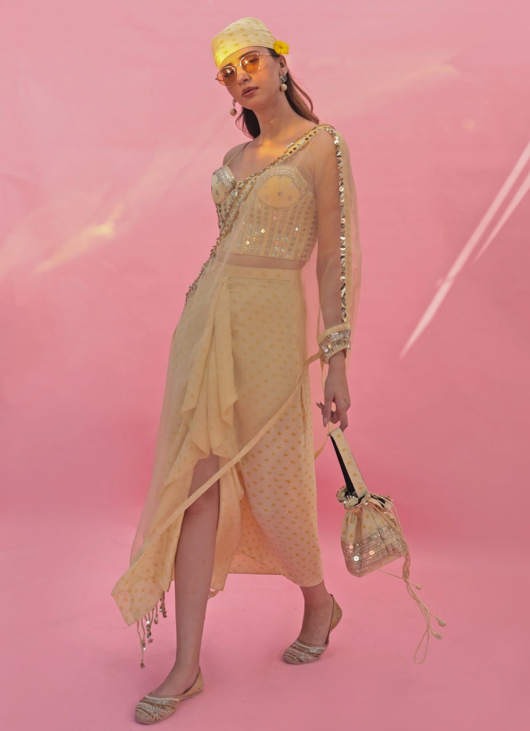 Pastel Yellow Hand Embroidered Corset Skirt Set With Cape Prahnaaya - Fabilicious Fashion
