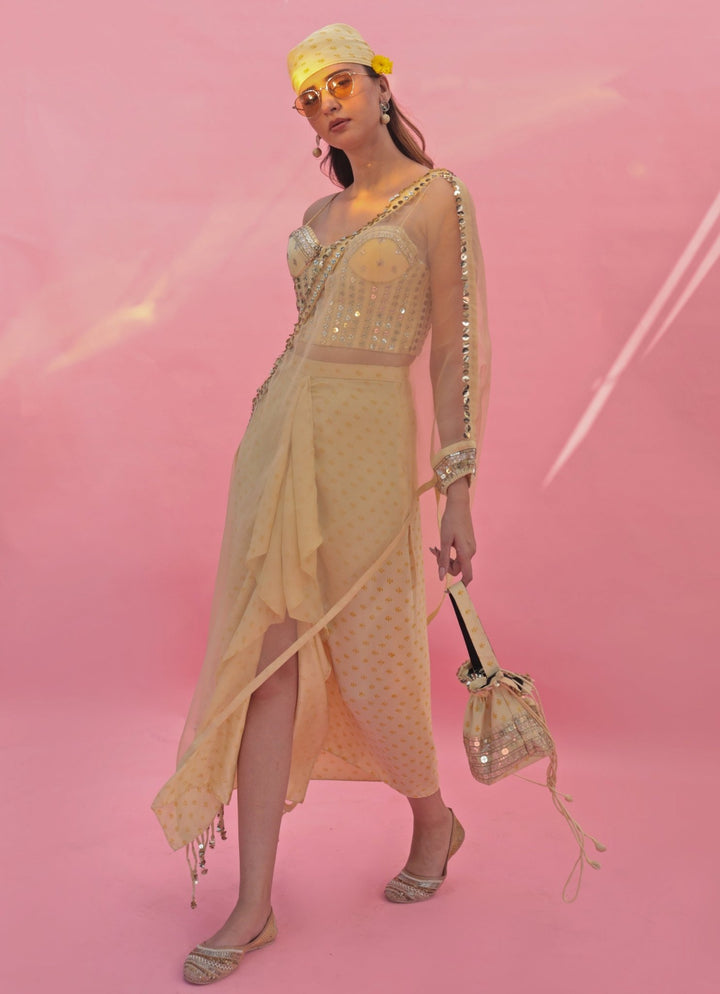 Pastel Yellow Hand Embroidered Corset Skirt Set With Cape Prahnaaya - Fabilicious Fashion