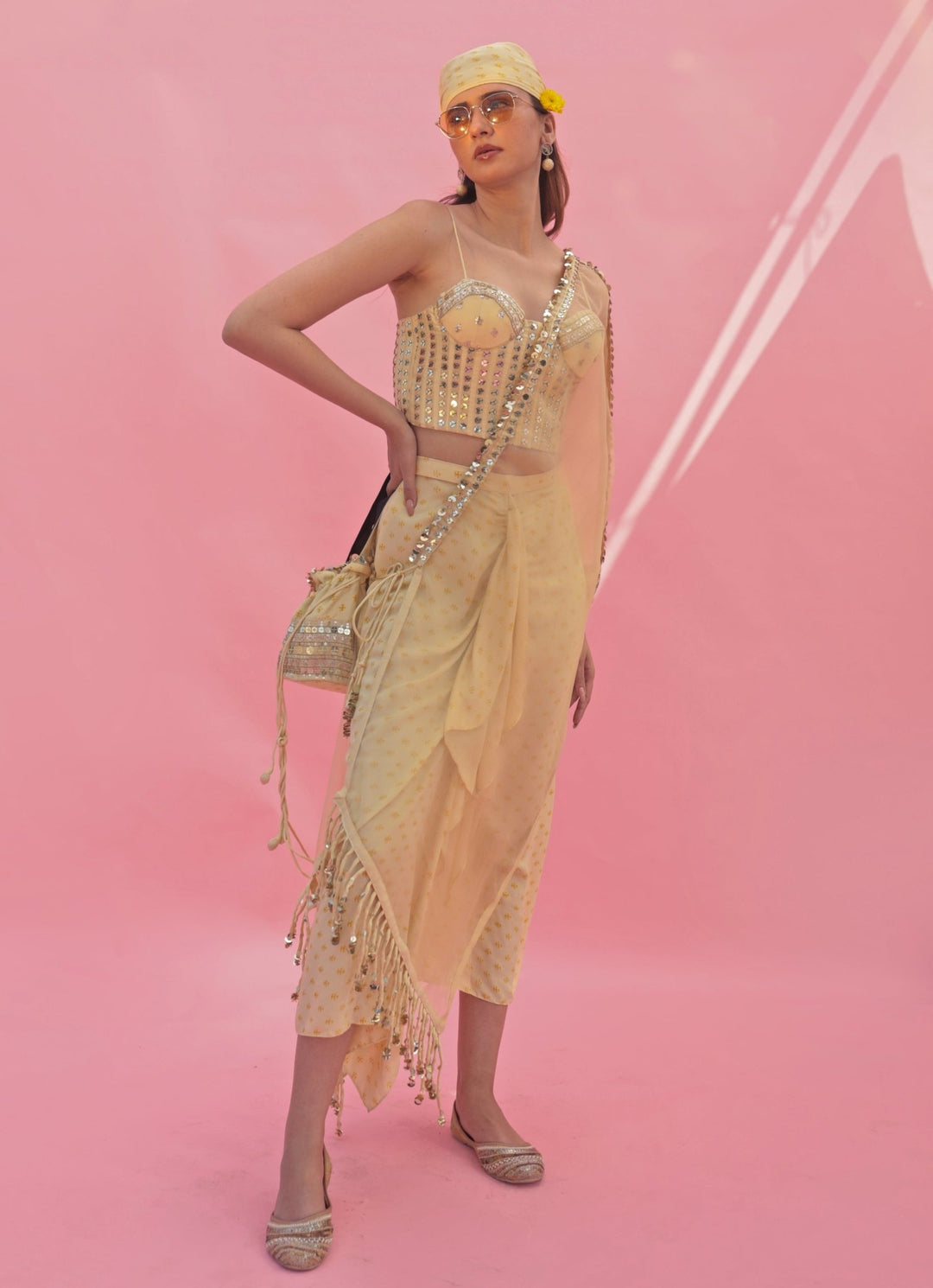 Pastel Yellow Hand Embroidered Corset Skirt Set With Cape Prahnaaya - Fabilicious Fashion