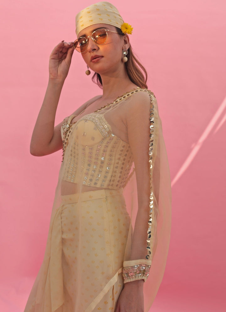 Pastel Yellow Hand Embroidered Corset Skirt Set With Cape Prahnaaya - Fabilicious Fashion