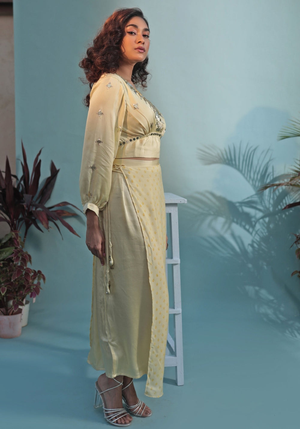 Pastel Yellow Hand Embroidered Crop Top Skirt Set Prahnaaya - Fabilicious Fashion