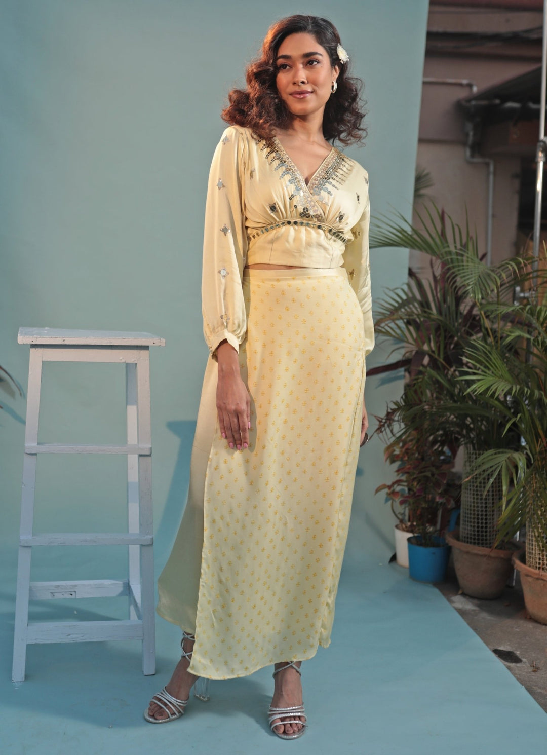 Pastel Yellow Hand Embroidered Crop Top Skirt Set Prahnaaya - Fabilicious Fashion