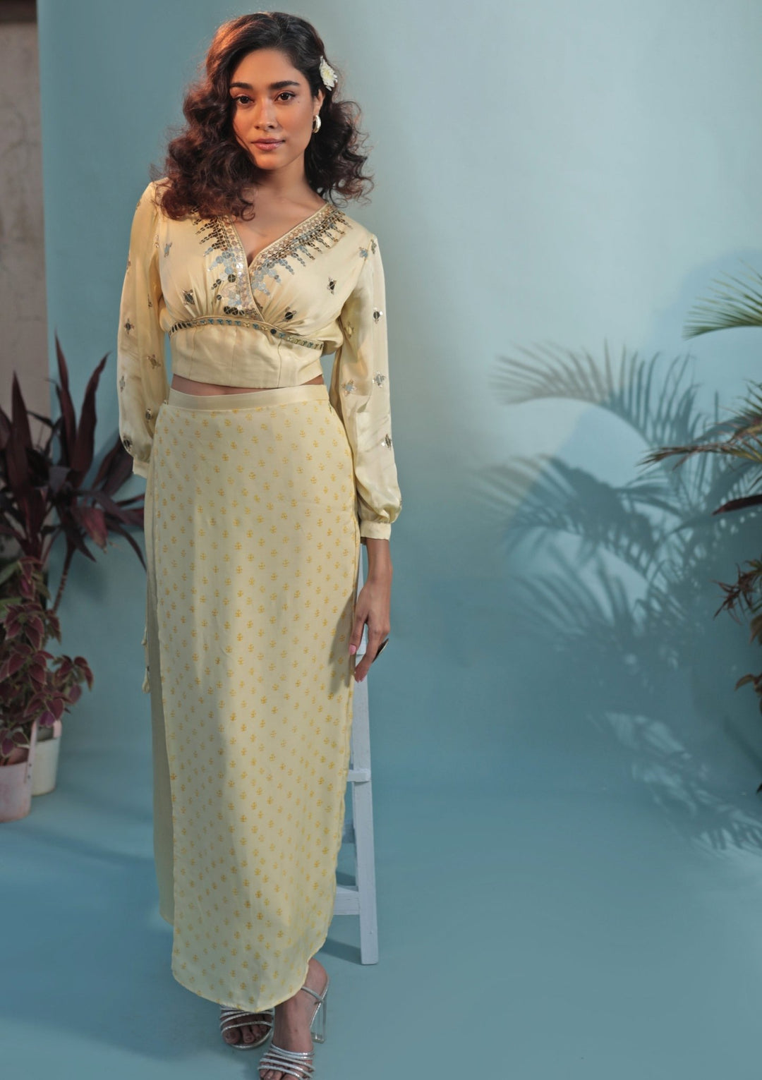 Pastel Yellow Hand Embroidered Crop Top Skirt Set Prahnaaya - Fabilicious Fashion
