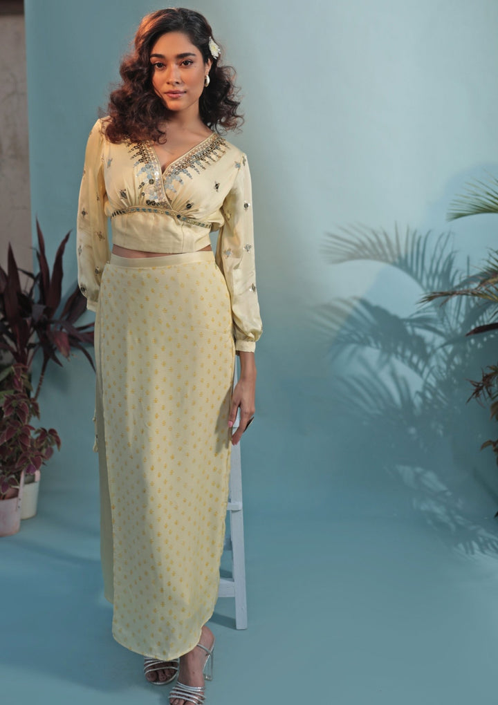 Pastel Yellow Hand Embroidered Crop Top Skirt Set Prahnaaya - Fabilicious Fashion