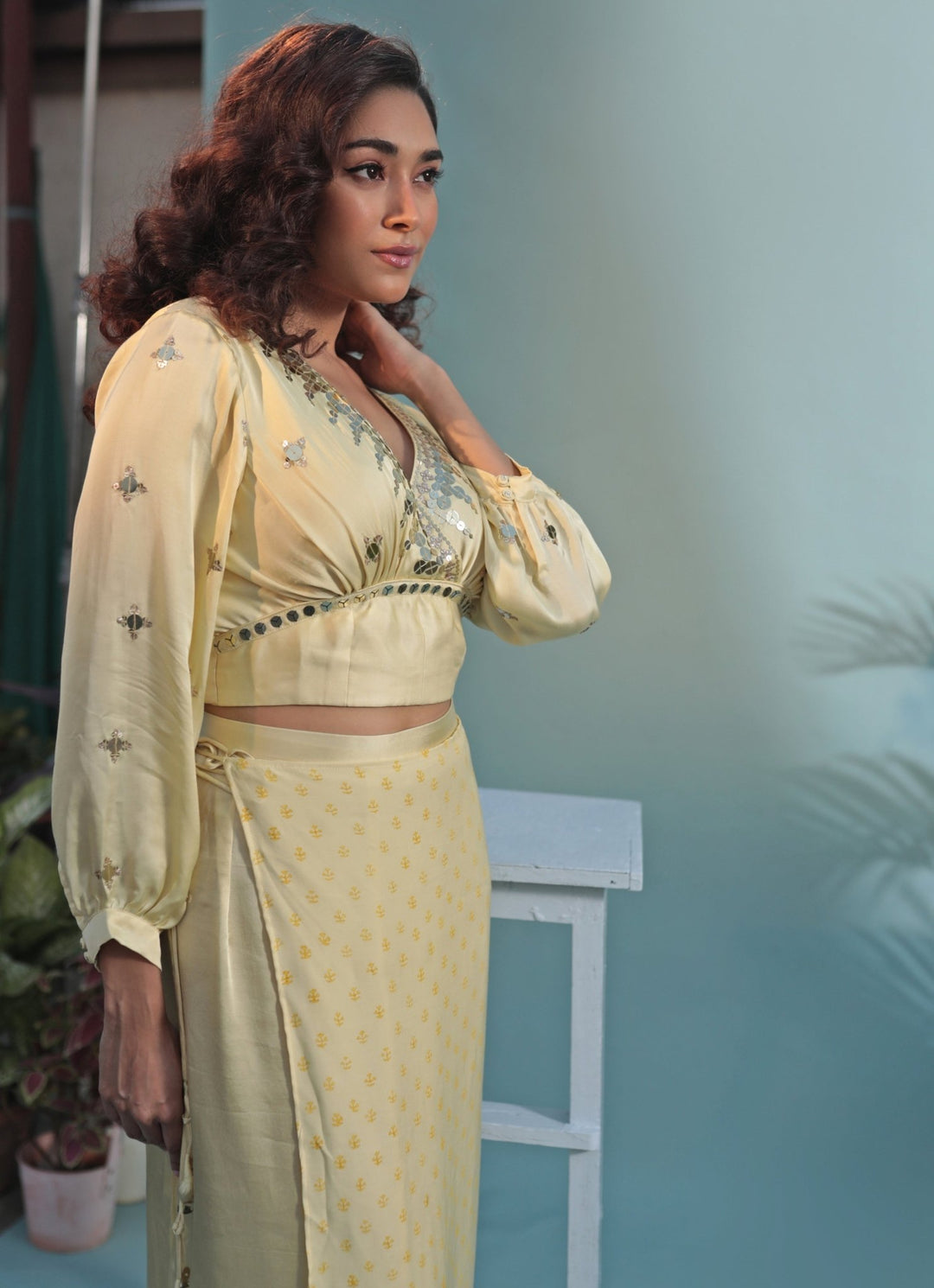 Pastel Yellow Hand Embroidered Crop Top Skirt Set Prahnaaya - Fabilicious Fashion