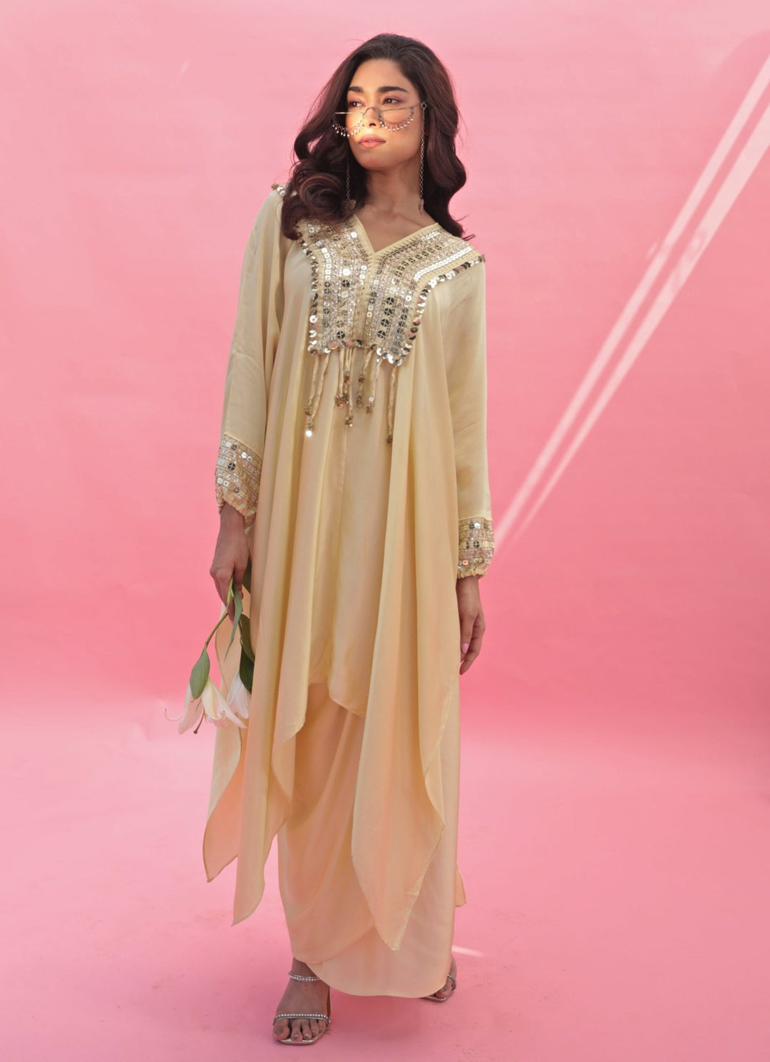 Pastel Yellow Hand Embroidered Kaftan Skirt Set Prahnaaya - Fabilicious Fashion