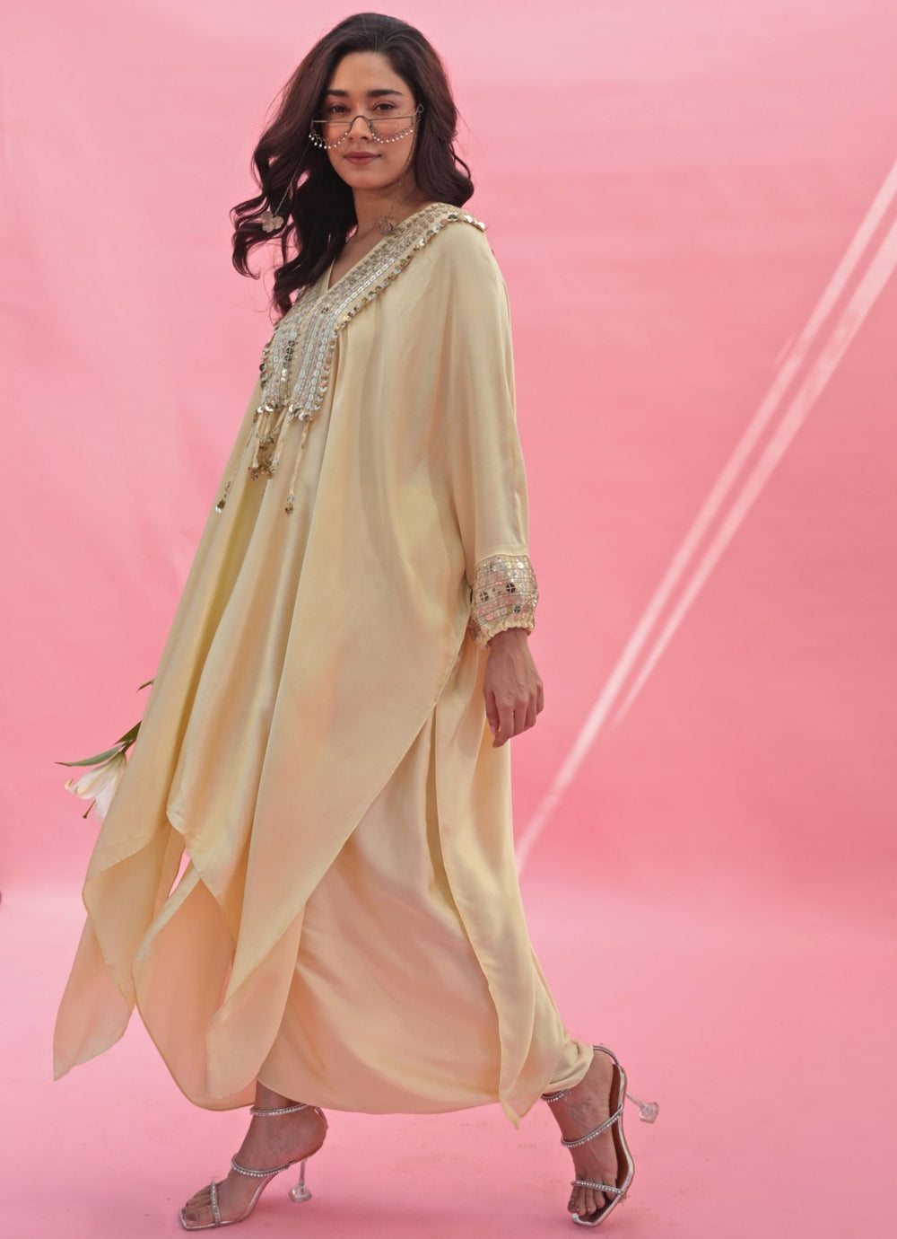 Pastel Yellow Hand Embroidered Kaftan Skirt Set Prahnaaya - Fabilicious Fashion